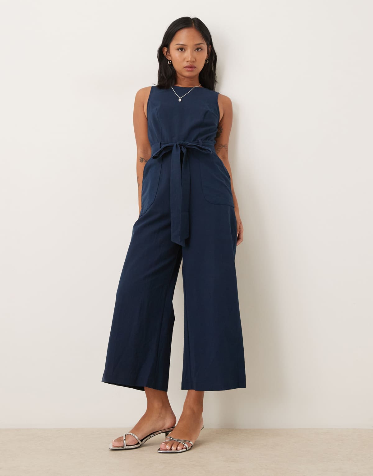 Nobody's Child Petite tie waist wide leg jumpsuit in navy