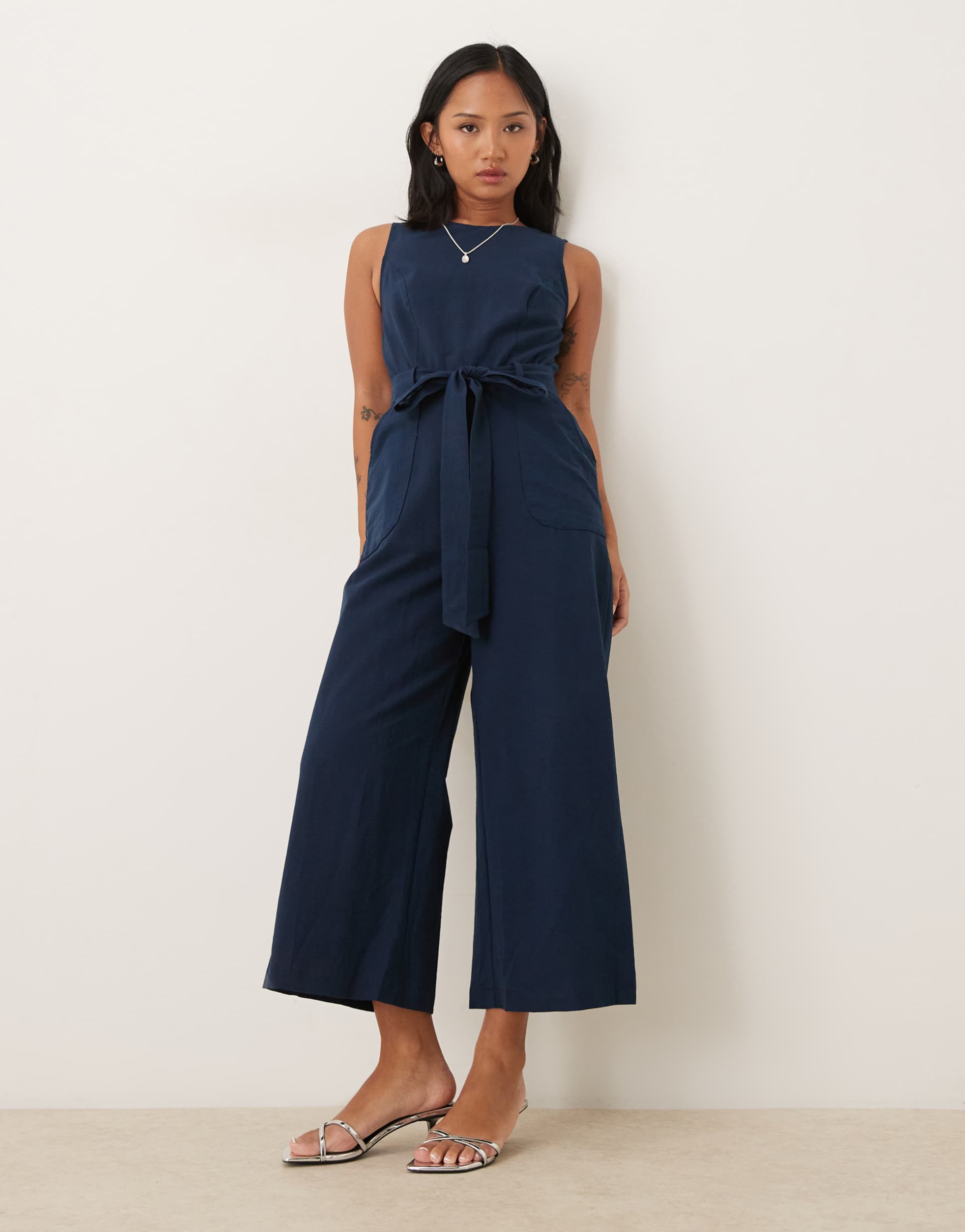 nobody's child petite tie waist wide leg jumpsuit in navy