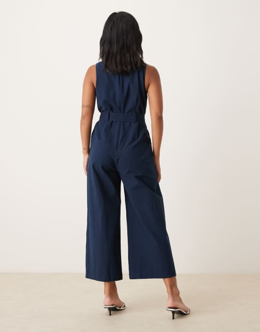 Nobody's Child Petite tie waist wide leg jumpsuit in navy | ASOS