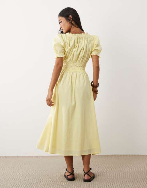 puff sleeve ruched midi dress Rust Satin Puffed Sleeve Ruched Midi Dress  STYLE US