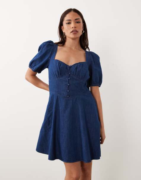 Nobody's Child Petite Tulla denim sweetheart neckline puff sleeve mini dress in dark blue - view 1