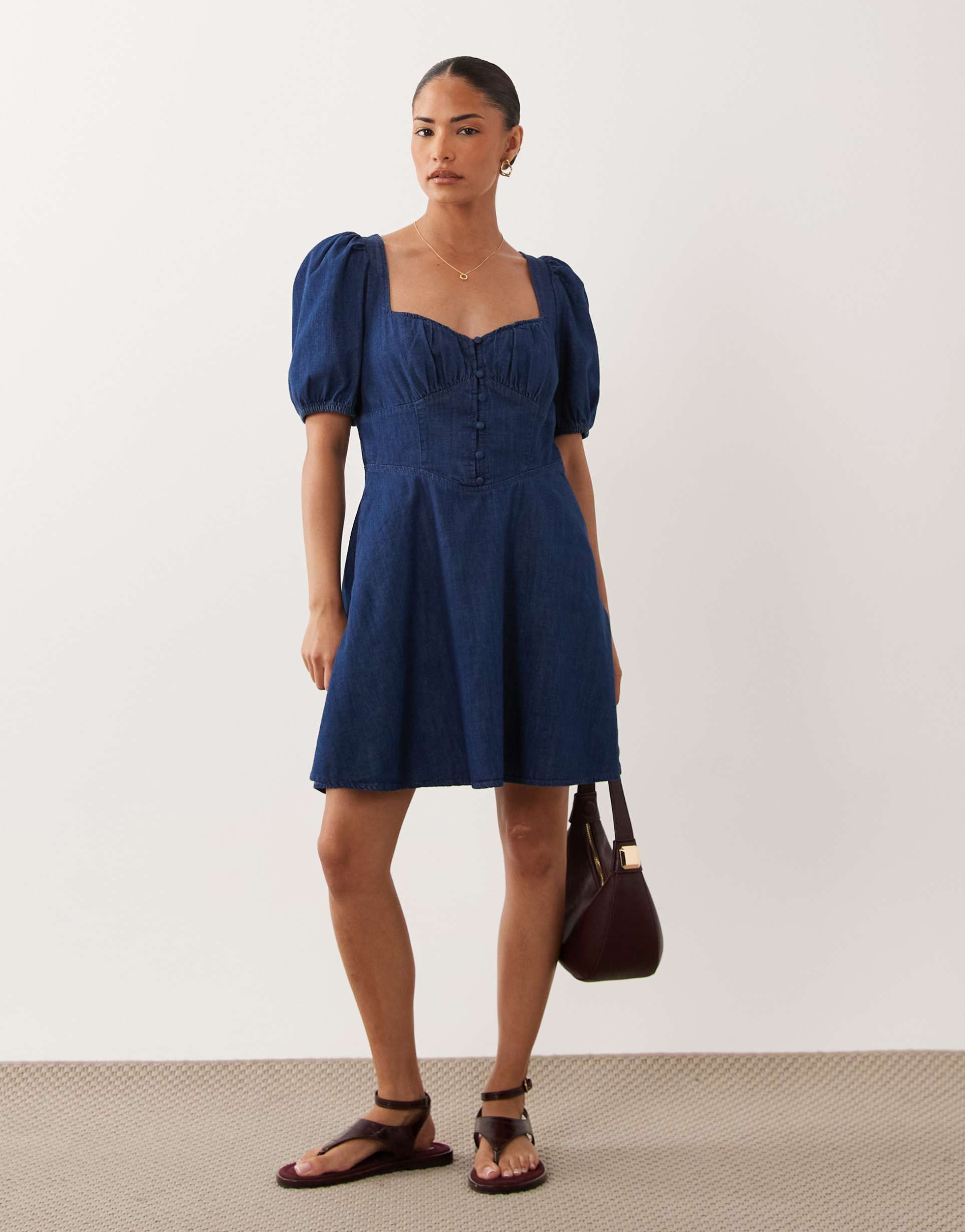 nobody's child petite tulla denim sweetheart neckline puff sleeve mini dress in dark blue