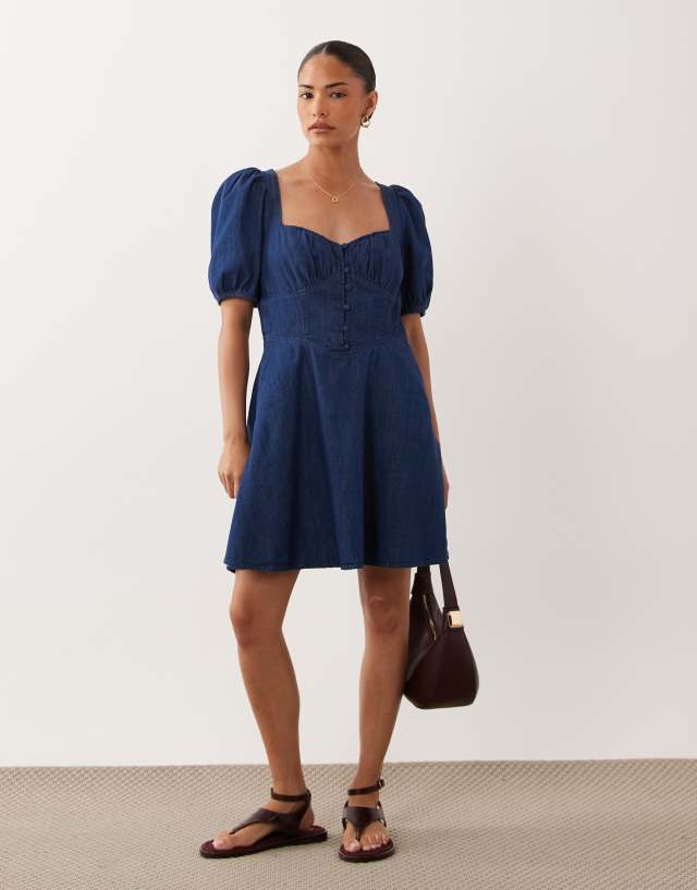 Nobody's Child Petite Tulla denim sweetheart neckline puff sleeve mini dress in dark blue