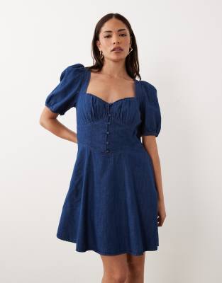 Tulla - Mini-Jeanskleid in Dunkelblau mit Herzausschnitt und Puffärmeln Blau 36