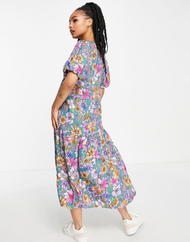 Nobody's Child Petite Valentine bubble sleeve floral print dress in multicolor 0