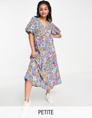 Nobody's Child Petite Valentine bubble sleeve floral print dress in multicolour