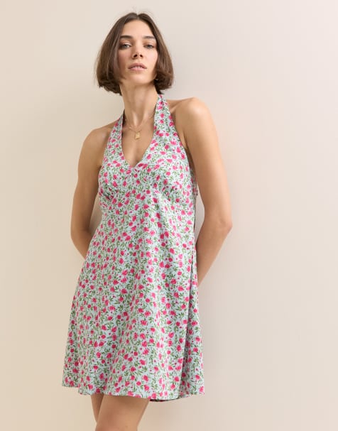 Nobody's Child Petite - Vestido corto azul con estampado floral y cuello halter de pico pronunciado Lynette - view 1