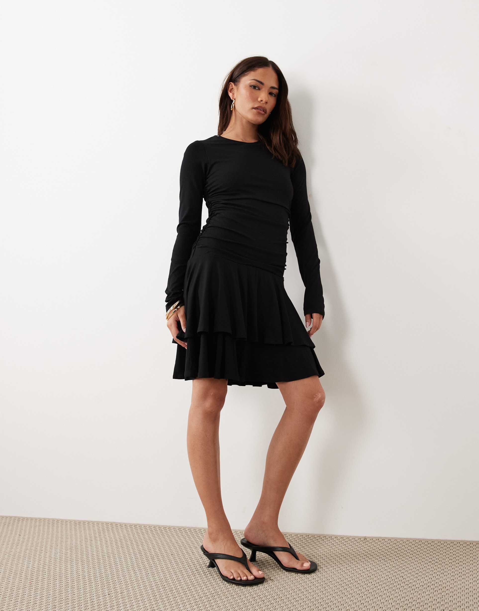 nobody's child petite yuki round neck drop waist ruched detail mini dress in black