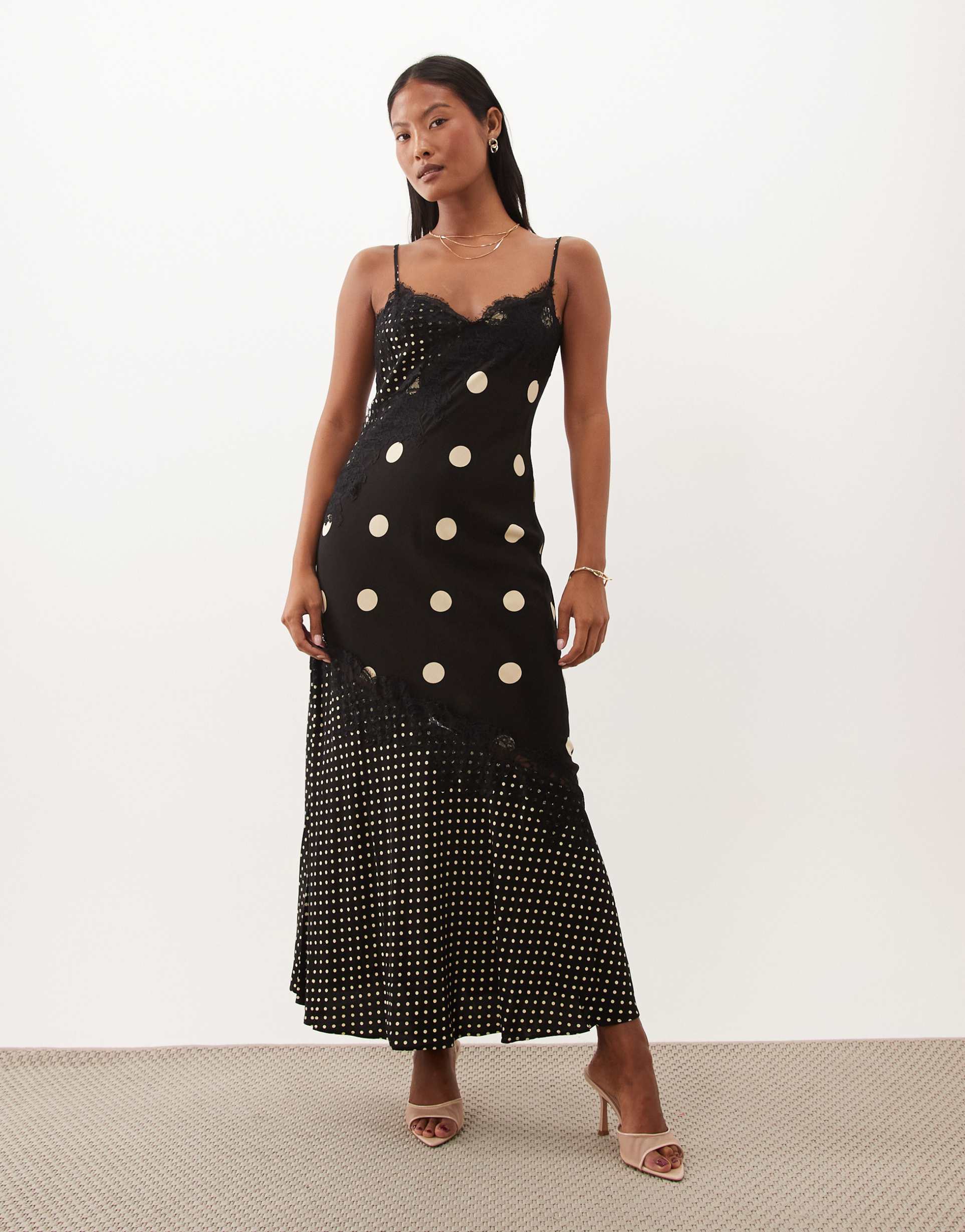 nobody's child petite zaria satin lace trim slit front cami midaxi dress in black mixed polka-dot print