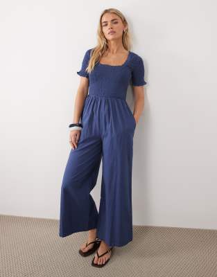 Nobody's Child Petite Zita Short Sleeve Shirred Bodice Cotton Jumpsuit In Blue