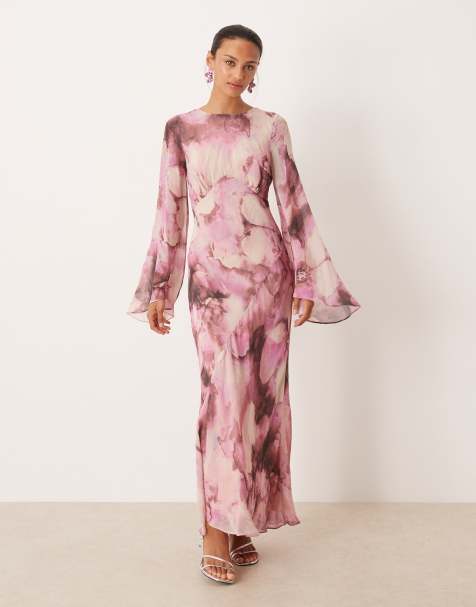 Nobody's Child Phoenix chiffon flare sleeve maxi dress in pink blur print 