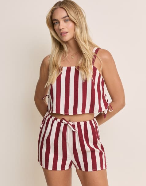 Nobody's Child Pillar linen blend drawstring short co-ord in red stripe - view 1
