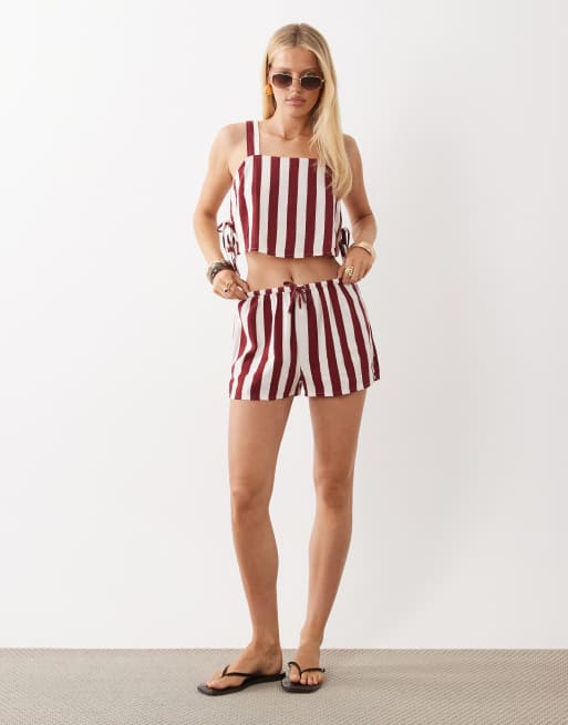 Nobody's Child Pillar linen blend drawstring short co-ord in red stripe, 3 of 5