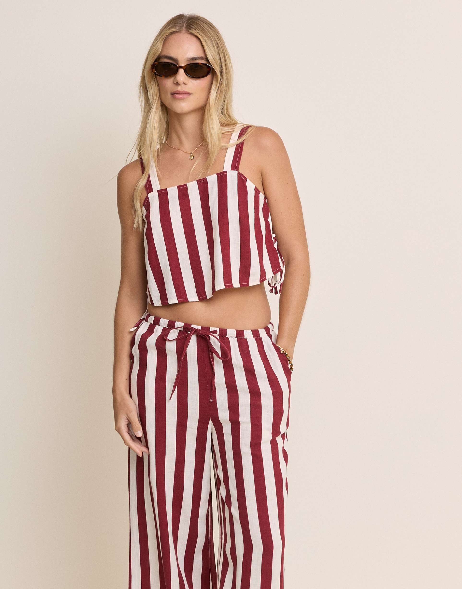 nobody's child pillar linen blend side tie cami top in red stripes - part of a set