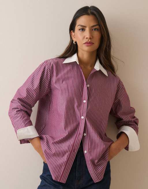 Nobody's Child Pinstripe contrast collar shirt in red, 5 of 5