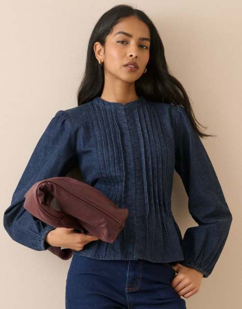 Nobody's Child Pintuck denim blouse in dark blue - view 1