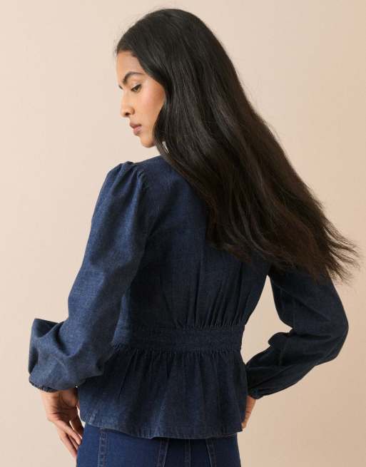 Nobody's Child Pintuck denim blouse in dark blue, 2 of 5