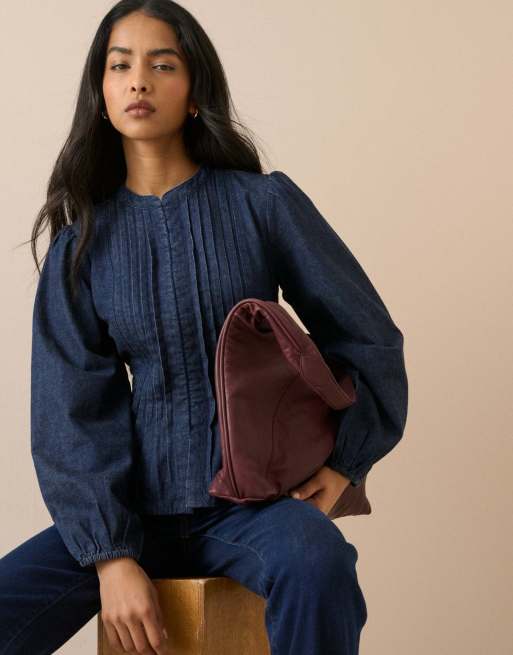 Nobody's Child Pintuck denim blouse in dark blue, 4 of 5