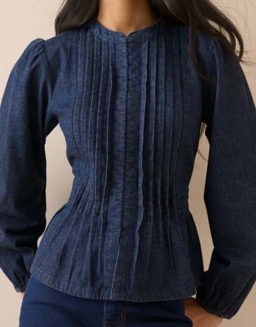 Nobody's Child Pintuck denim blouse in dark blue, 5 of 5