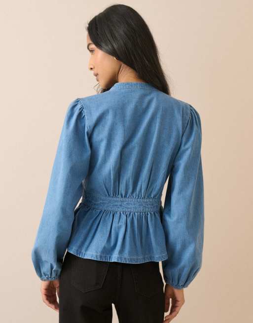 Nobody's Child Pintuck denim blouse in mid wash, 2 of 5