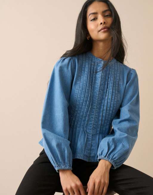 Nobody's Child Pintuck denim blouse in mid wash, 4 of 5