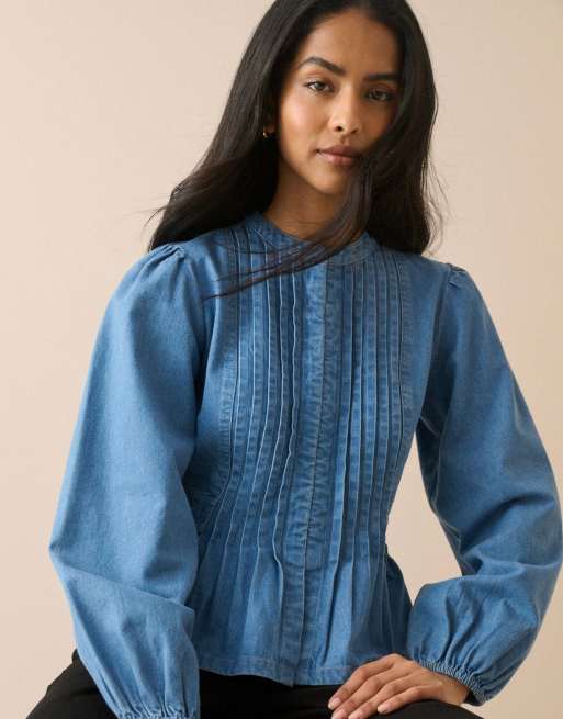 Nobody's Child Pintuck denim blouse in mid wash, 5 of 5