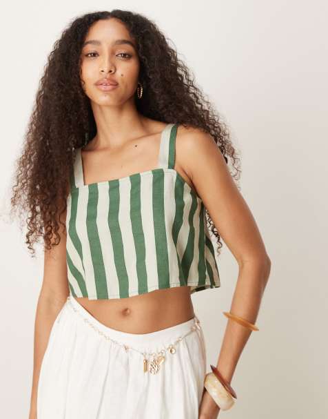 Nobody's Child - Pippa - Crop top in lino verde a righe - view 1