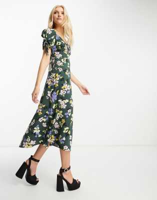 Nobody's Child - Pippa - Robe rétro mi-longue avec manches nouées et décolleté en caur - Fleurs pastel-Noir