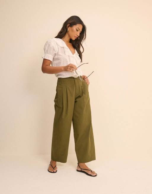 Nobody's Child Pleated cotton wide leg trousers in green, 4 of 5