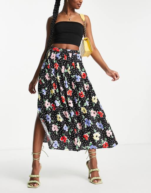 Nobody's Child pleated midi skirt with split in polka dot floral | ASOS