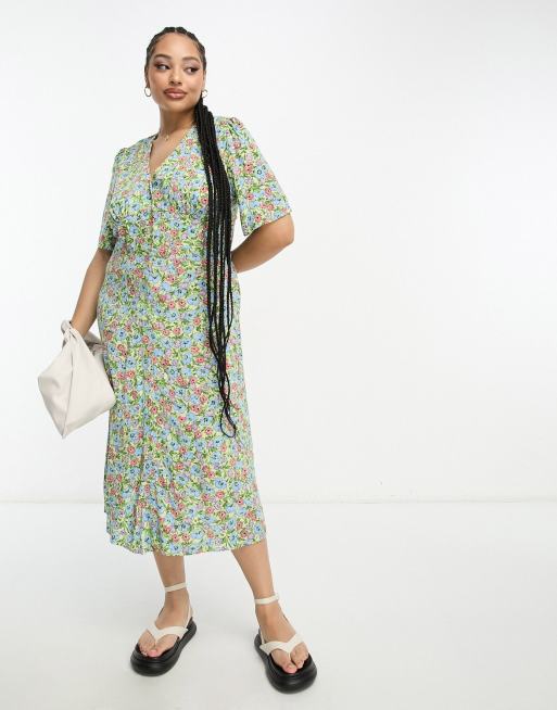 Nobody's Child Plus - Alexa - Gesmokte midi jurk in vintage groene bloemenprint
