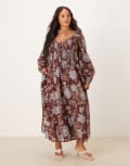 [Nobody's Child Plus] Nobody's Child Plus Amaya balloon sleeve midi dress in brown floral 24 Brown multi