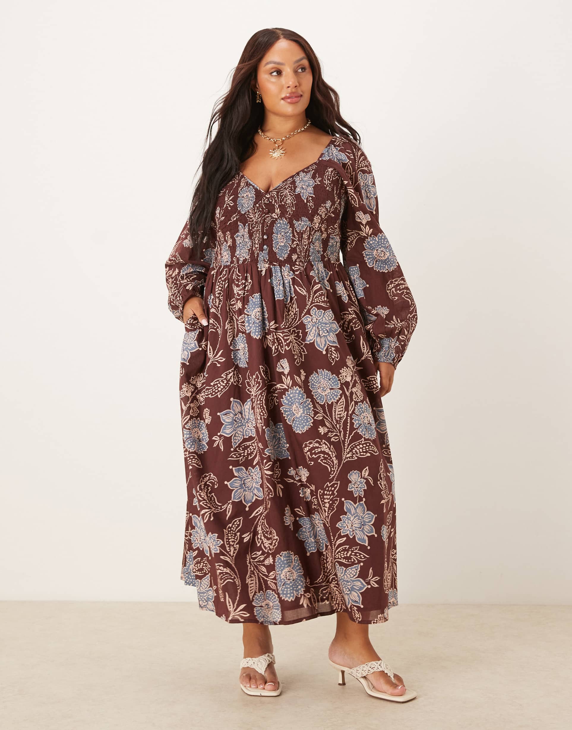 nobody's child plus amaya balloon sleeve midi dress in brown floral