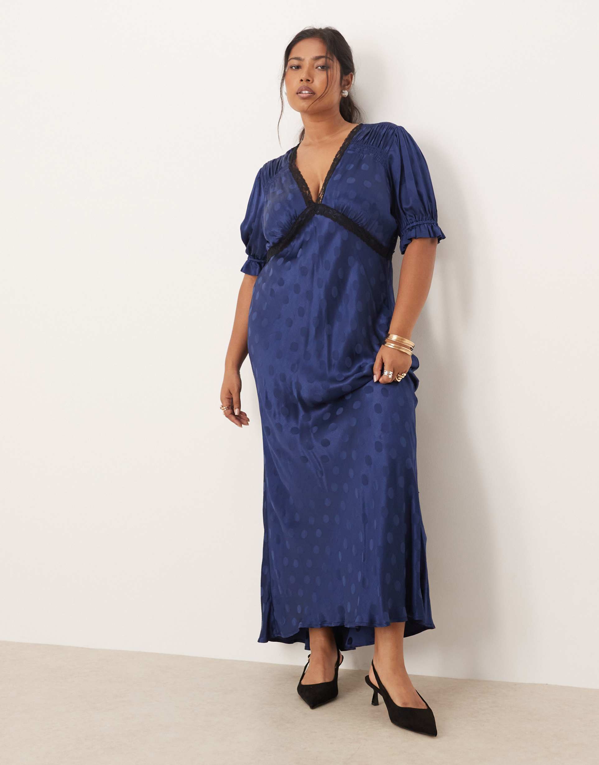 nobody's child plus angela lace trim midi dress in navy