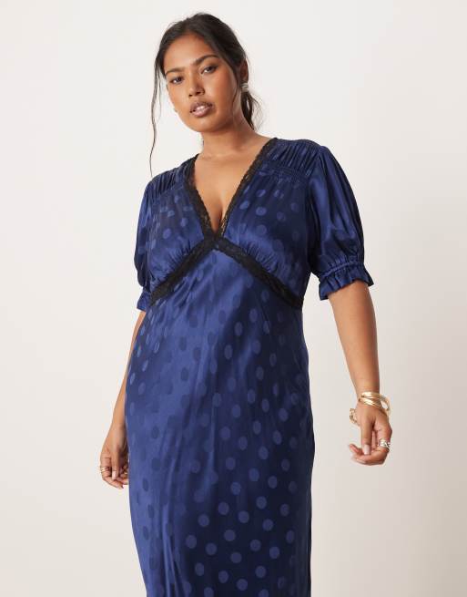 Nobody's Child Plus Angela lace trim midi dress in navy | ASOS