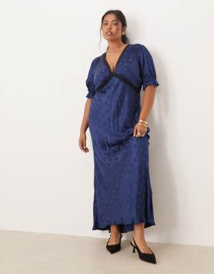 Nobody's Child Plus - Angela - Midikleid in Marineblau mit Spitzenbesatz-Grün
