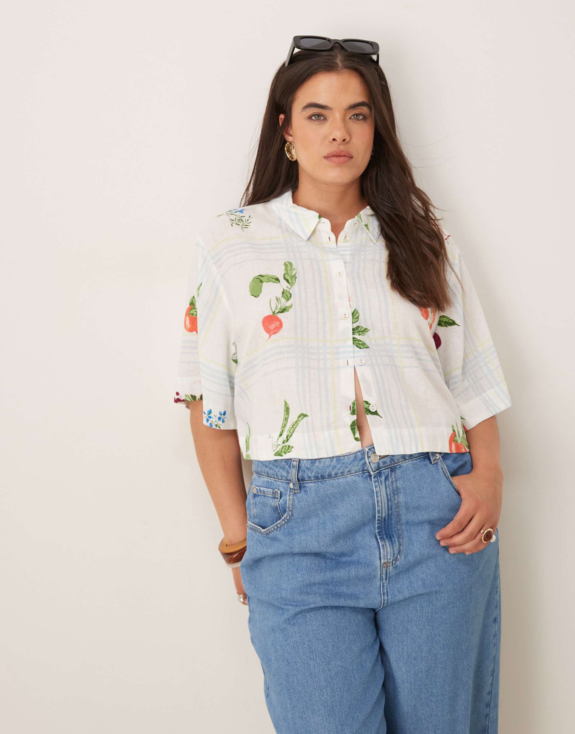 nobody's child plus bennie cropped shirt in fruit plaid print