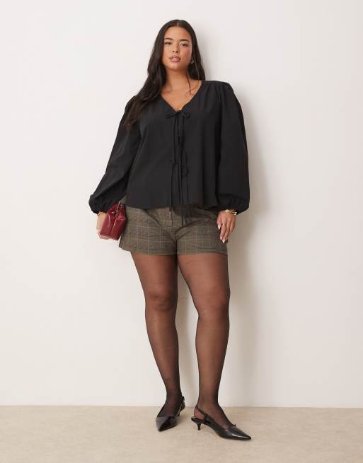 Nobody's Child Plus Bernadetta long sleeve tie-detail blouse in black, 2 of 4