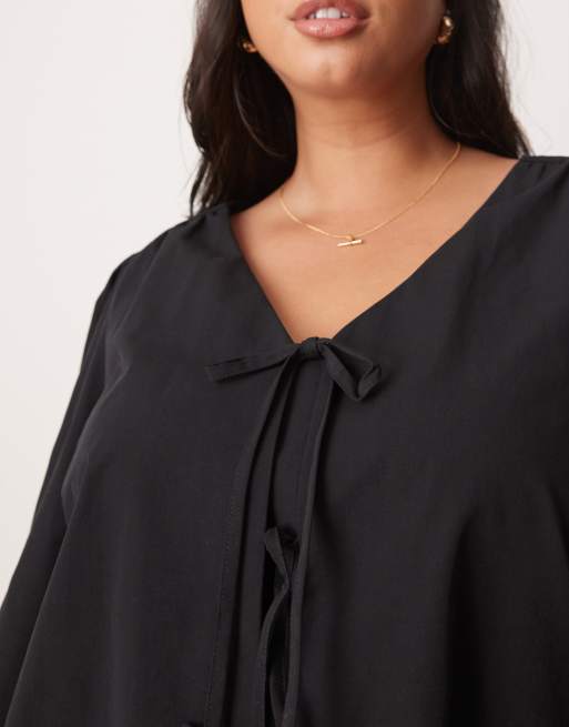 Nobody's Child Plus Bernadetta long sleeve tie-detail blouse in black, 3 of 4