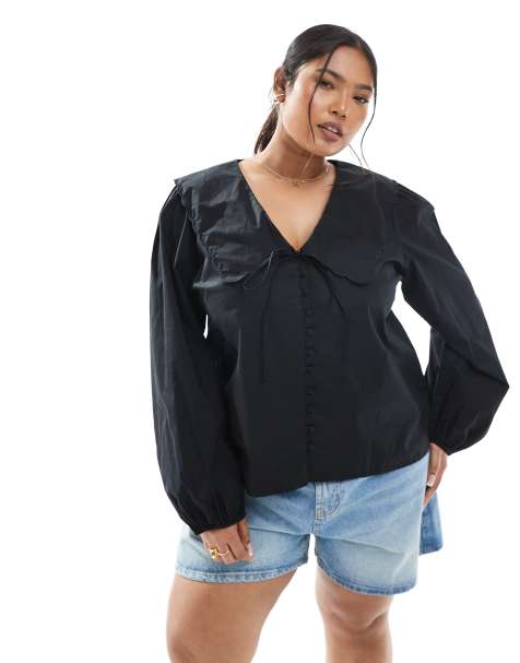 Nobody's Child Plus – Birdie – Czarna bluzka z kołnierzem z falowanym brzegiem - view 1