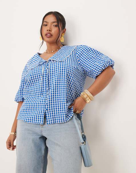 Nobody's Child Plus - Birdie - Top met pofmouwen en kraagje in blauwe gingham ruit - view 1