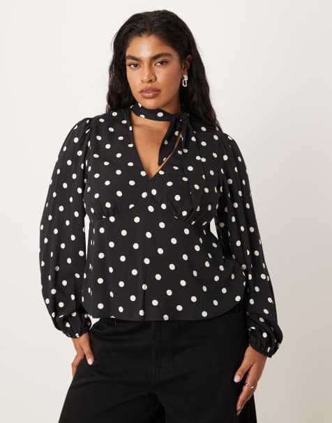 Nobody's Child Plus - Blusa nera a pois bianchi con sciarpa sul collo - view 1