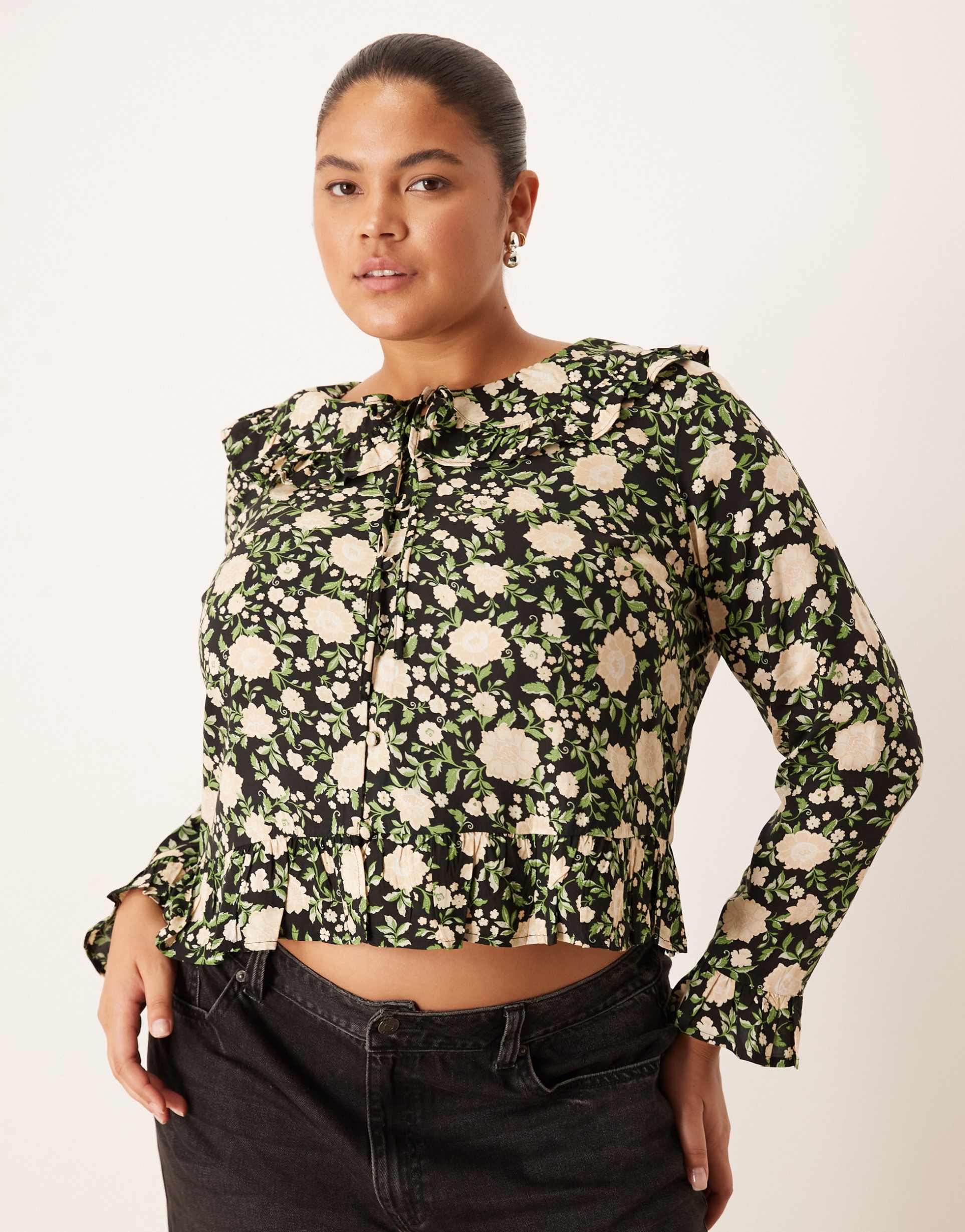 nobody's child plus britney ruffle collar blouse in black floral