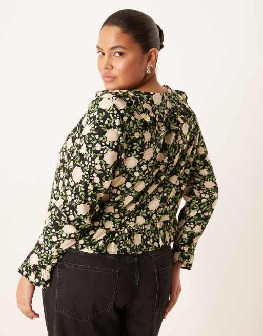 Nobody's Child Plus Britney ruffle collar blouse in black floral, 4 of 4