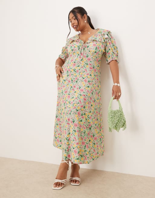 Nobody's Child Plus - Caitlin - Midi jurk met pofmouwen en ruches in vintage bloemenprint