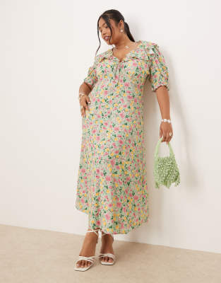 Nobody's Child Plus - Caitlin - Midikleid mit Puffärmeln, Rüschen und Vintage-Blumenmuster-Bunt