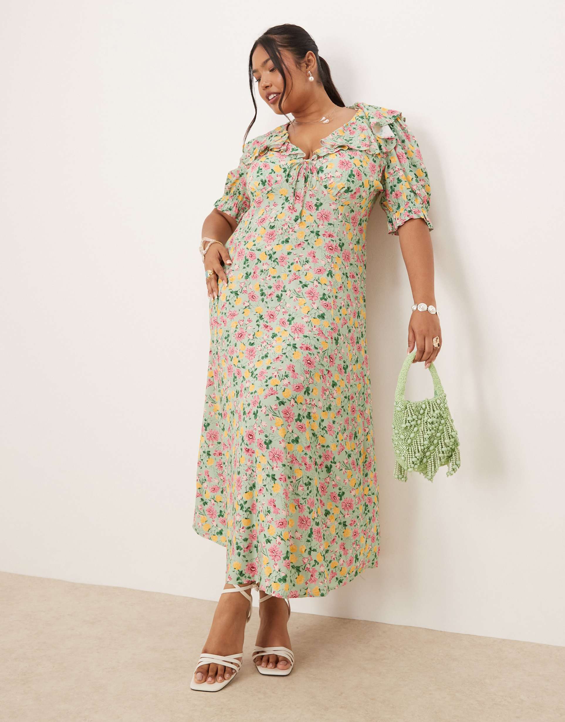 Caitlin Puff Sleeve Ruffle Midi Dress – A floral midi dress with puff sleeves and ruffle trim.