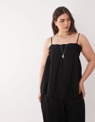 Nobody's Child Plus - Camisole-Oberteil aus Leinen in Schwarz mit Raffung, Kombiteil