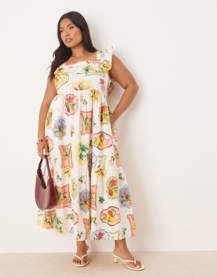 Nobody's Child Plus - Cassidy - Gestuftes Midikleid mit Rüschen und Postkarten-Fruchtmuster-Bunt