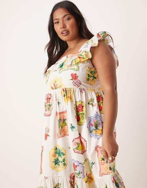 Nobody's Child Plus – Cassidy – Gestuftes Midikleid mit Rüschen und Postkarten-Fruchtmuster, 2 von 4